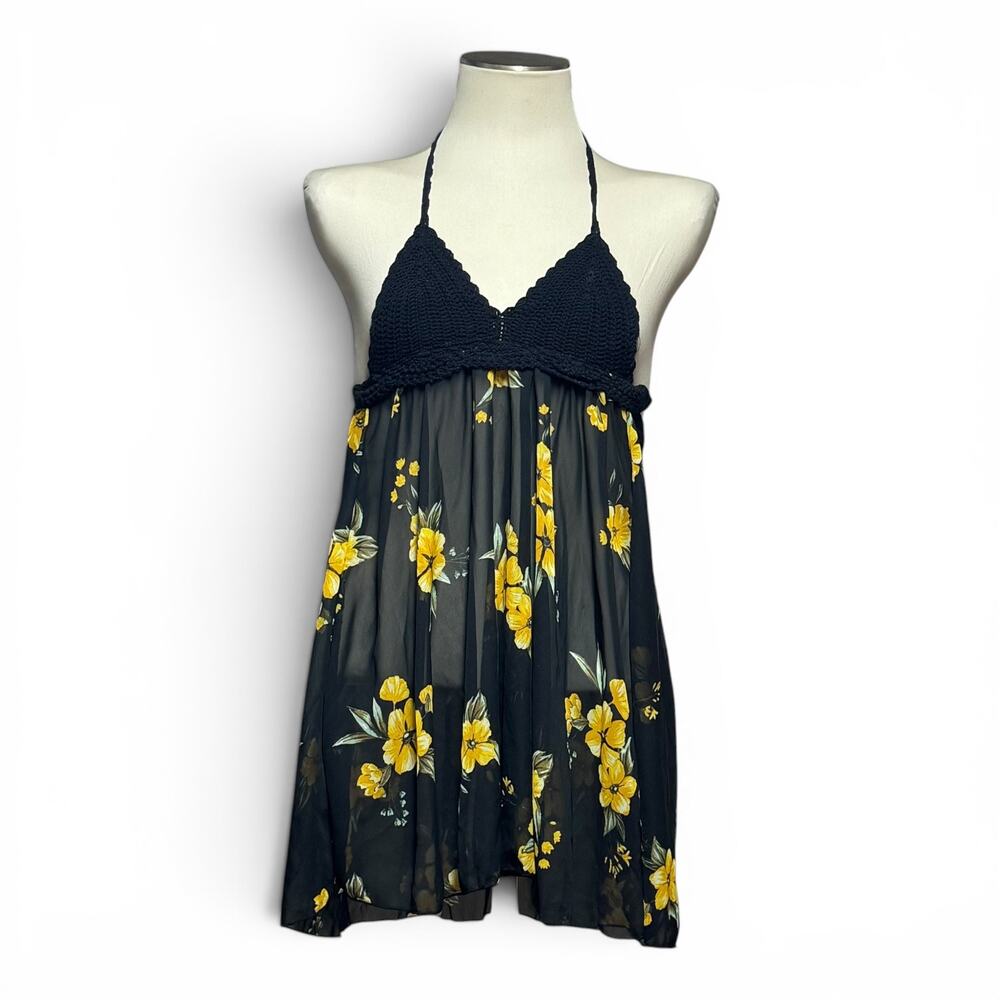 Crochet Tie Sheer Flowy Boho Summer Festival Top Flower Black Yellow Medium